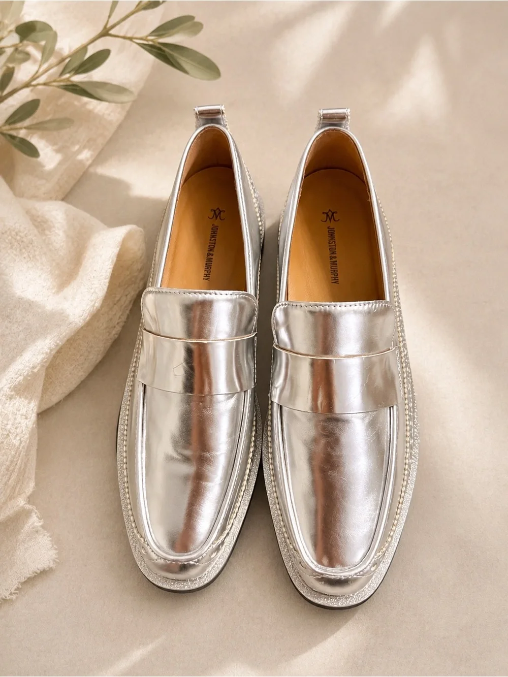 Johnston & Murphy Gracelyn Venetian Silver Metallic Platform Loafers Size 8.5